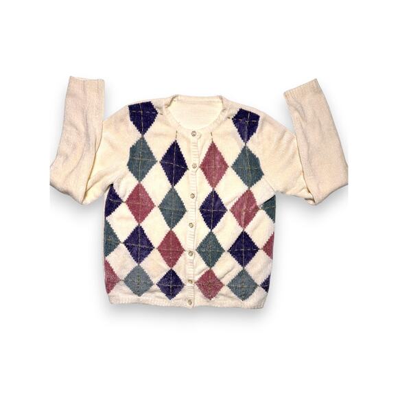 Vintage Chenille Argyle Plush Knit Cardigan Size S/M - Picture 2 of 10